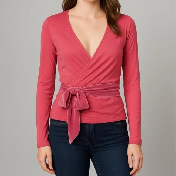 NWT J. Crew Pink FormKnit Long Sleeve Wrap Top Pink Velvet Bow Belt Preppy Small - Picture 1 of 6